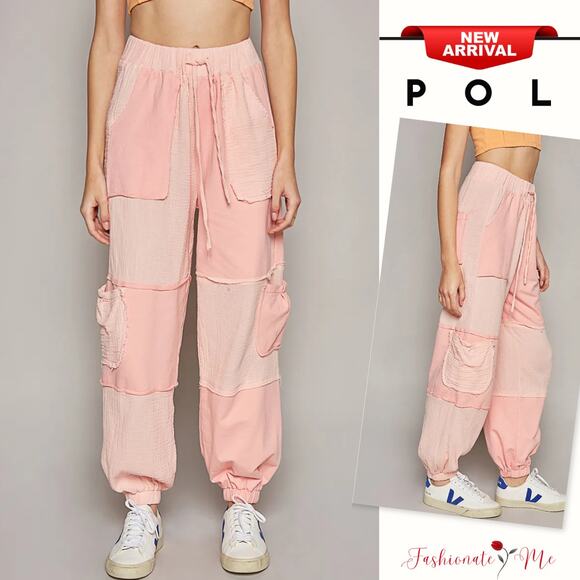 POL Adjustable Drawstring Cargo Pockets Contrast Ankle Jogger Pants | Blush Pink - Picture 1 of 4